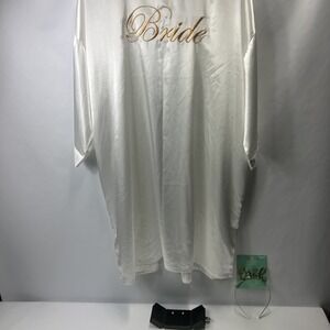 Bride White with Gold Letters Bridal Wedding Satin Robe With Headband, Earrings.